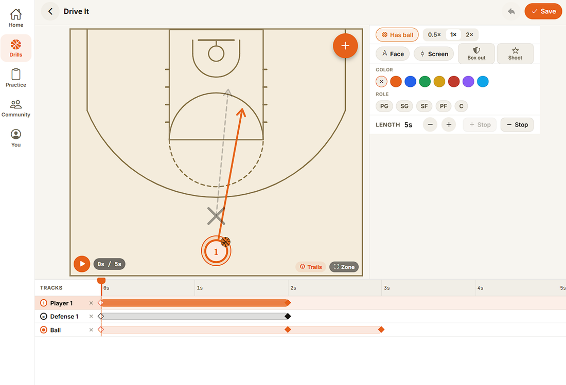 The drill editor: a ball-handler and a defender on a half court with an arrow showing a drive to the rim, a panel of player options beside it, and a timeline of keyframes below.