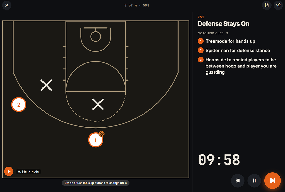 Practice Mode on a dark screen: the current drill's court diagram, its coaching cues listed beside it, and a large countdown clock with skip and pause controls.