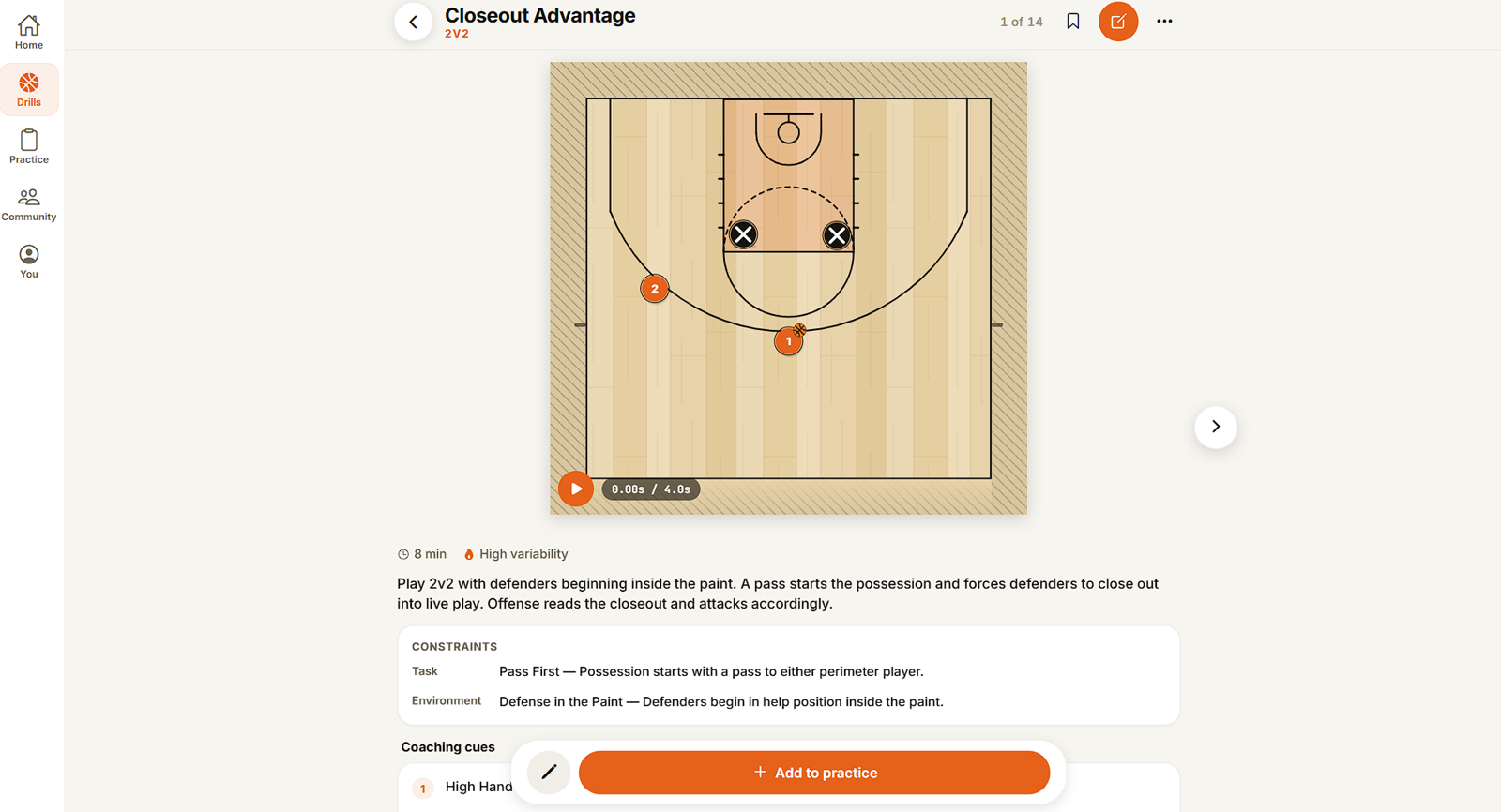 A drill called Closeout Advantage, 2v2: a half court with two attackers and two defenders and a play button under it, then the drill's eight minutes, high variability, its setup, and its Task and Environment constraints.